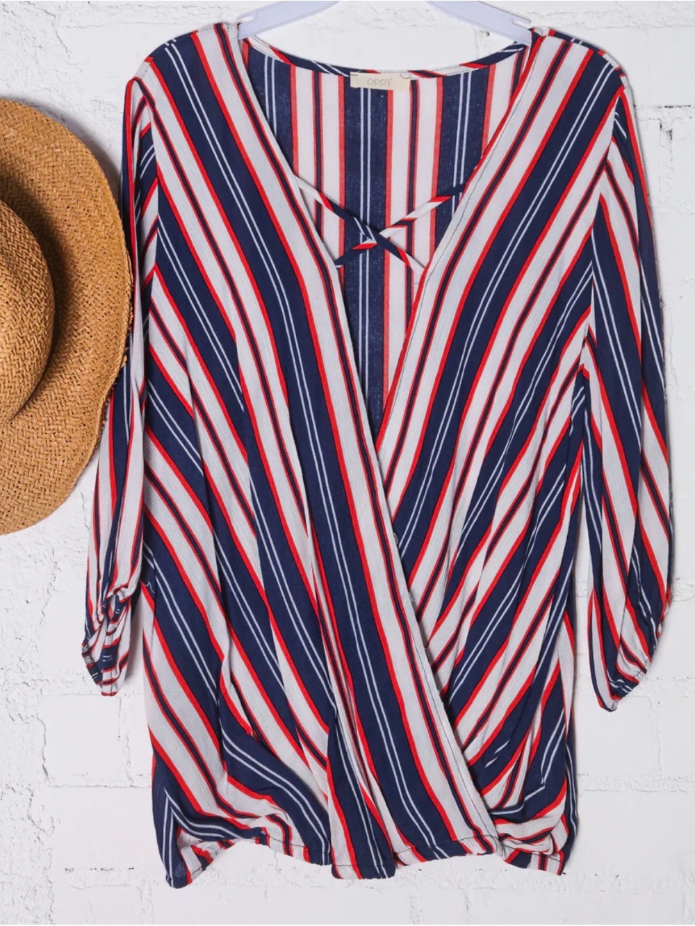 147 Oddi Striped 3/4 Sleeve Wrap Top